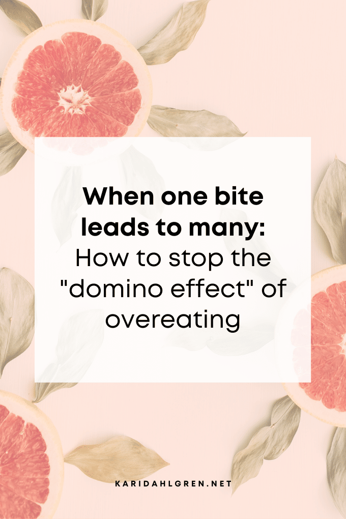 citrus background with text overlay that says "when one bite leads to many: how to stop the domino effect of overeating"