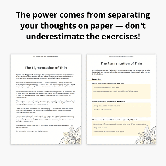 Pages from "Why We Do the Things We Do" with text overlay saying "The power comes from separating your thoughts onto paper - don't underestimate these exercises"