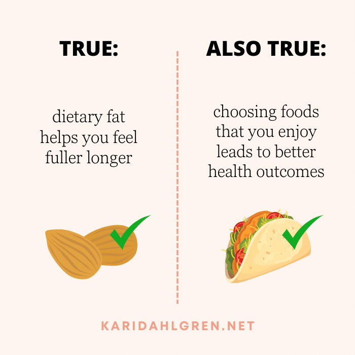 true: dietary fat helps you feel fuller longer. also true: choosing foods that you enjoy leads to better health outcomes